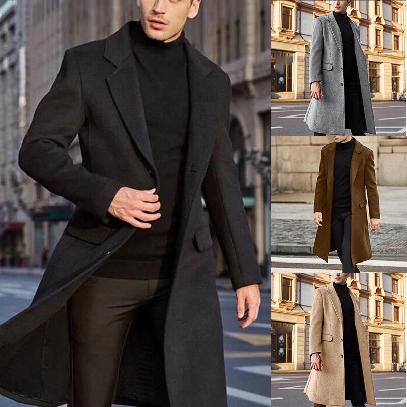 Men Label Collar Wool Trench Coat Long Jacket Overcoat Winter Warm