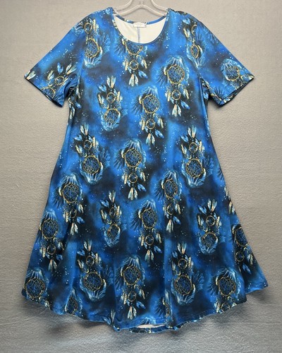 Locryz Woman Kleid blau kurzarm Traumfänger Print fließend Stretch Gr. XL