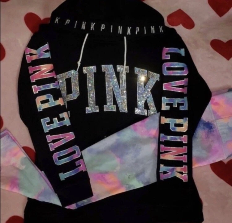 PINK VICTORIA’S SECRET WATERCOLOR BLING HOODIE /LEGGINGS RARE HTF OUTFIT  SET M