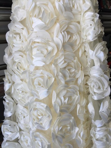 Ivory 3D Rosette Embroidery Satin Rose Flowers Floral Mesh Fabric by the yard