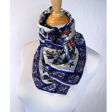 Vintage Silk Floral Square Scarf Navy Blue Ivory European Botanical 1970s 80s