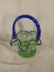 Fenton Carnival Glass Button & Arch Green Basket  With Cobalt Blue Handle