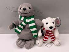 2 Coca Cola Bean Bag Plush Seal Polar Bear Holding Bottles Striped Scarves