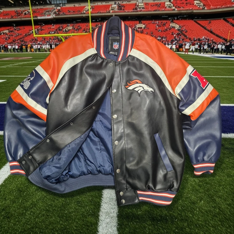 NFL Denver Broncos Faux Leather Varsity Jacket XL Y2K VTG Trendy Bomber Premium - Image 2 of 4