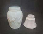 Lot of 2 Vintage Unmarked Milk Glass Jars - Embossed Floral , Lavender Inkwell