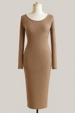 Windsor Beige Ribbed Open Back Long Sleeve Midi Dress Size Large
