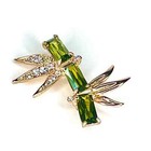 Vtg Peridot Gemstone Bamboo Brooch Green Plant Pin Pave Crystal Gold Leaf 1.75"