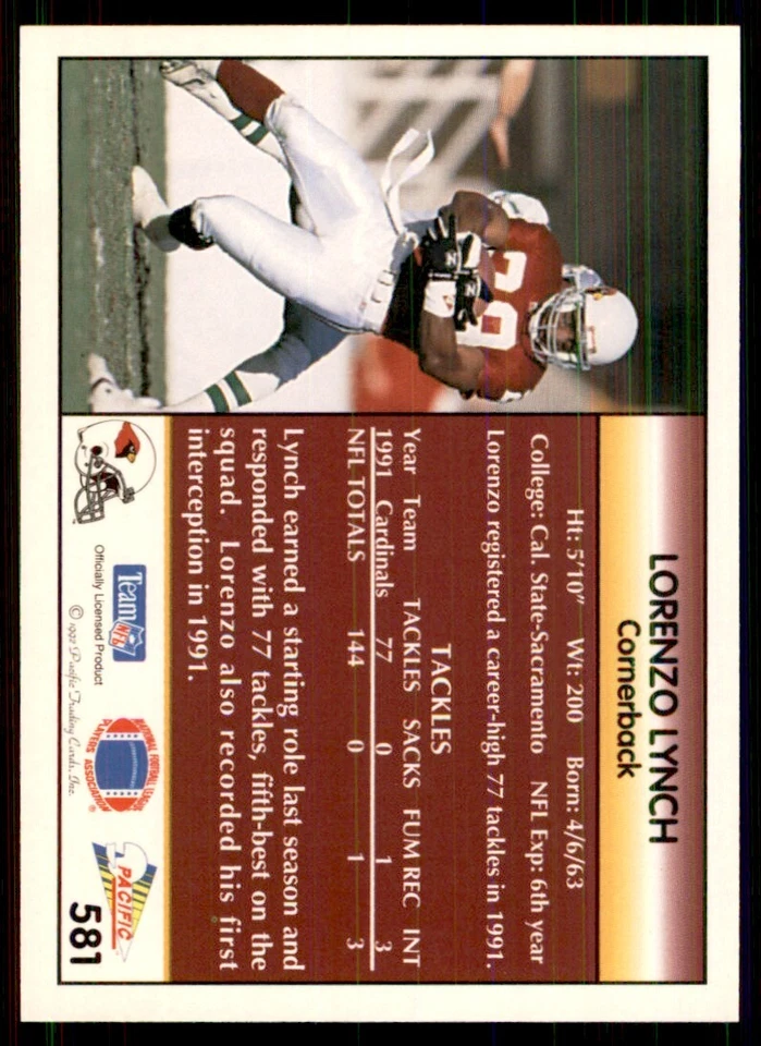 1992 Pacific Lorenzo Lynch Football Cards #581 - Image 2 of 2