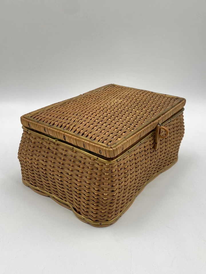 * NÄHKÄSTCHEN NÄH KORB GEFLOCHTEN NÄHKÖRBCHEN MIT INHALT VINTAGE GRÜN SATIN - Bild 3 von 4