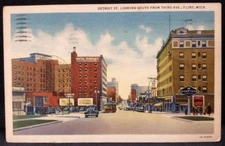 Flint Michigan 1938 Detroit Street from Third Avenue Linen Coca Cola Postcard