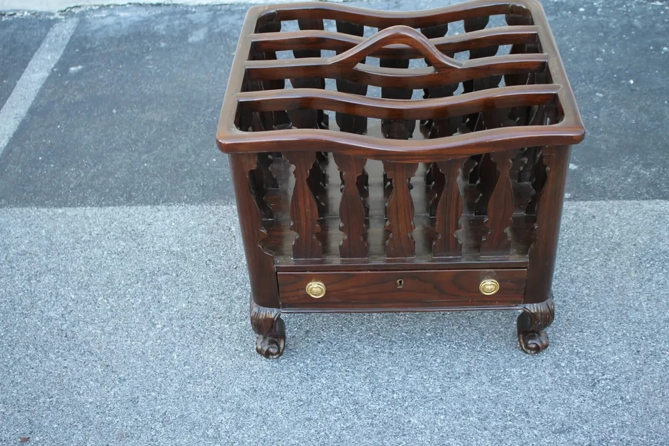 Delightful Solid Rosewood Carved Canterbury Magazine Rack with Drawer – Storage - Image 2 of 4
