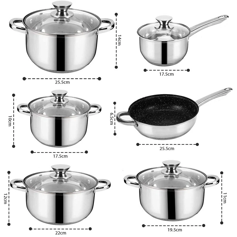 12pc Induction Stainless Steel Cookware Kitchen Glass Lids Pot Pan