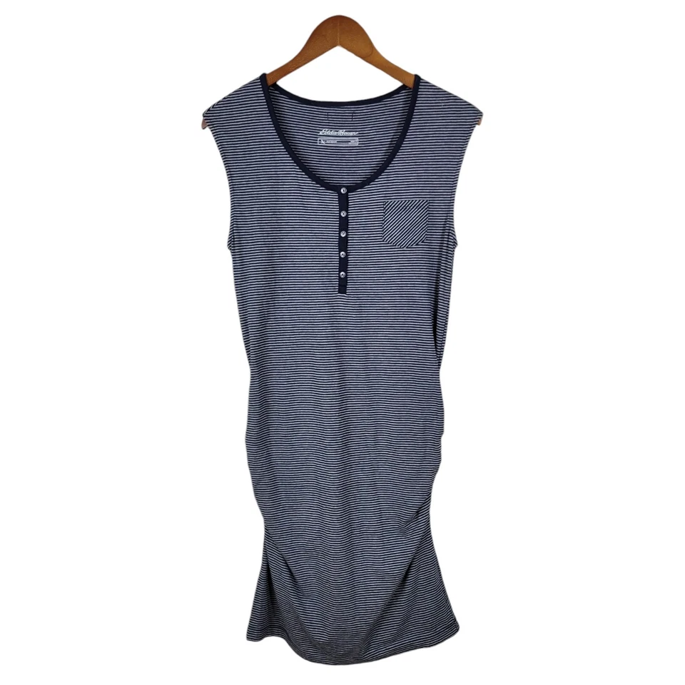 Vestido Camisa Eddie Bauer Tamanho Pequeno Casual Ruched Elástico Azul Cinza Listrado - Imagem 2 de 4