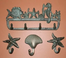 Antiqued Look Coastal Living Wall Decor, Wall Hooks, Beach Charmers - 4 pcs