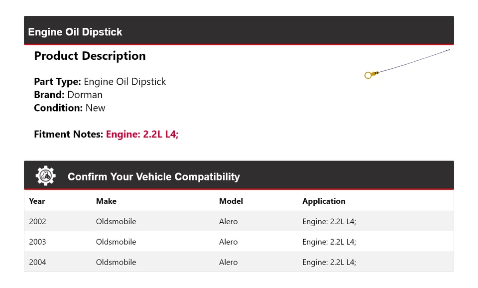 Varilla de medición de aceite de motor Dorman L4 2,2 L Oldsmobile Alero 2002-2004 2003 Foto 2 de 4
