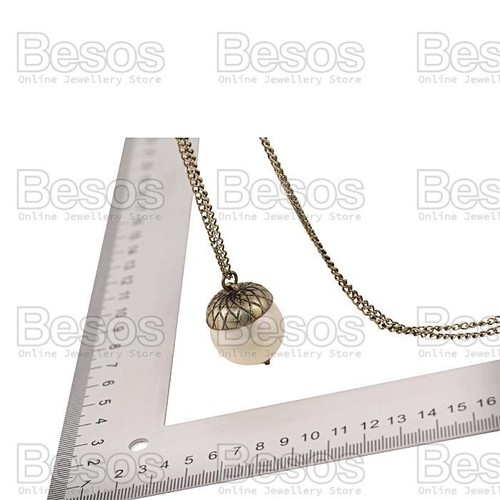 ACORN pendant ANTIQUE BRASS TONE large cream pearl LONG CHAIN NECKLACE gift UK - Picture 5 of 5