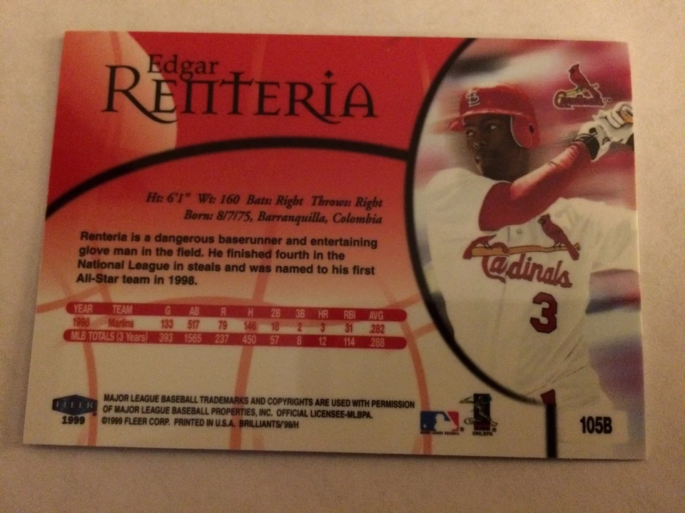 1999 Fleer Brilliants Blue #105B - Edgar Renteria - St. Louis Cardinals - Image 2 of 2