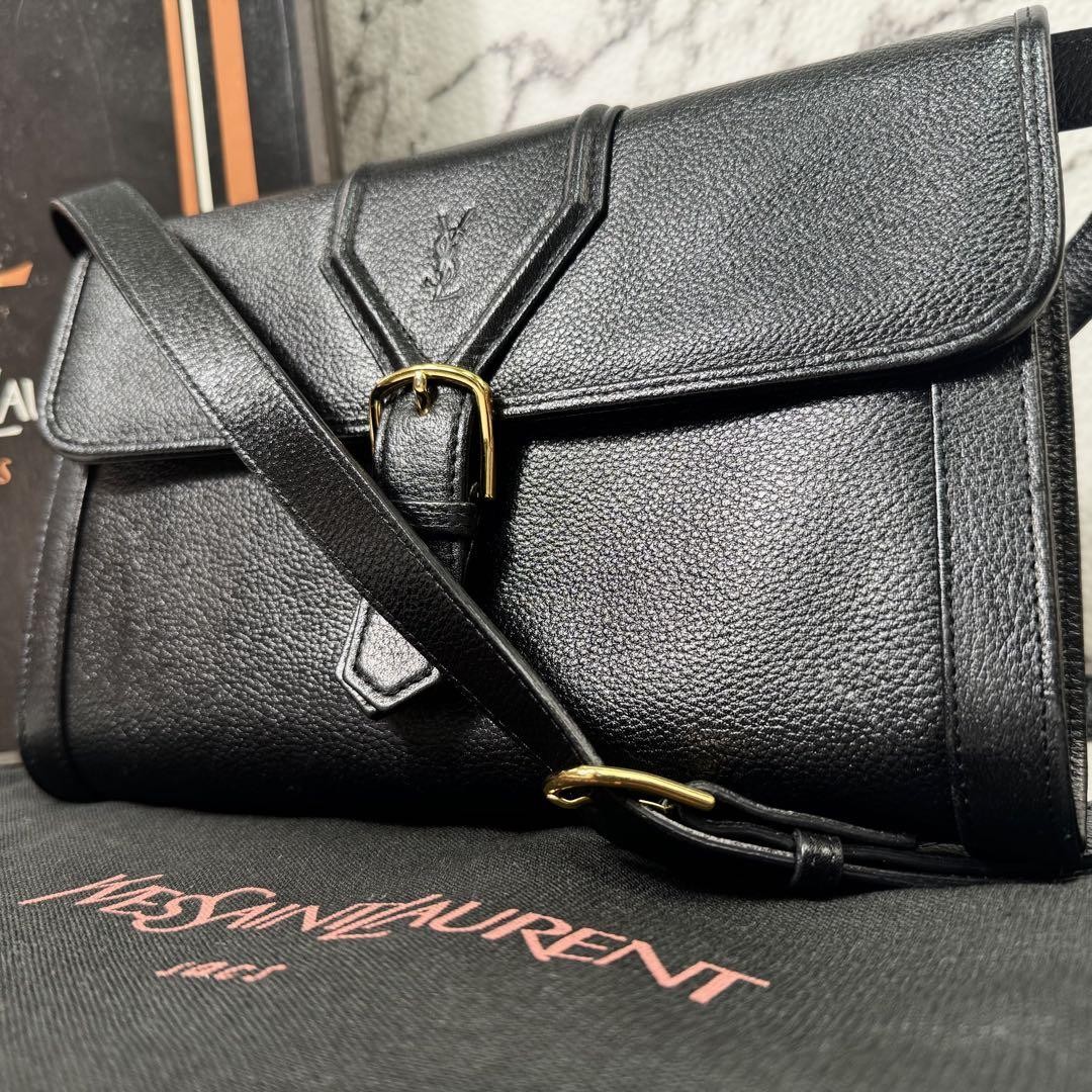 Yves Saint Laurent Black Leather Cassandra Shoulder Bag with Embossed Logo