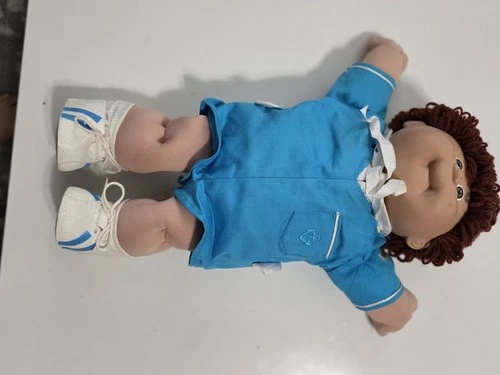 Cabbage Patch Kids Baby Doll Brown Curly Hair Blue Outfit Birth Certificate