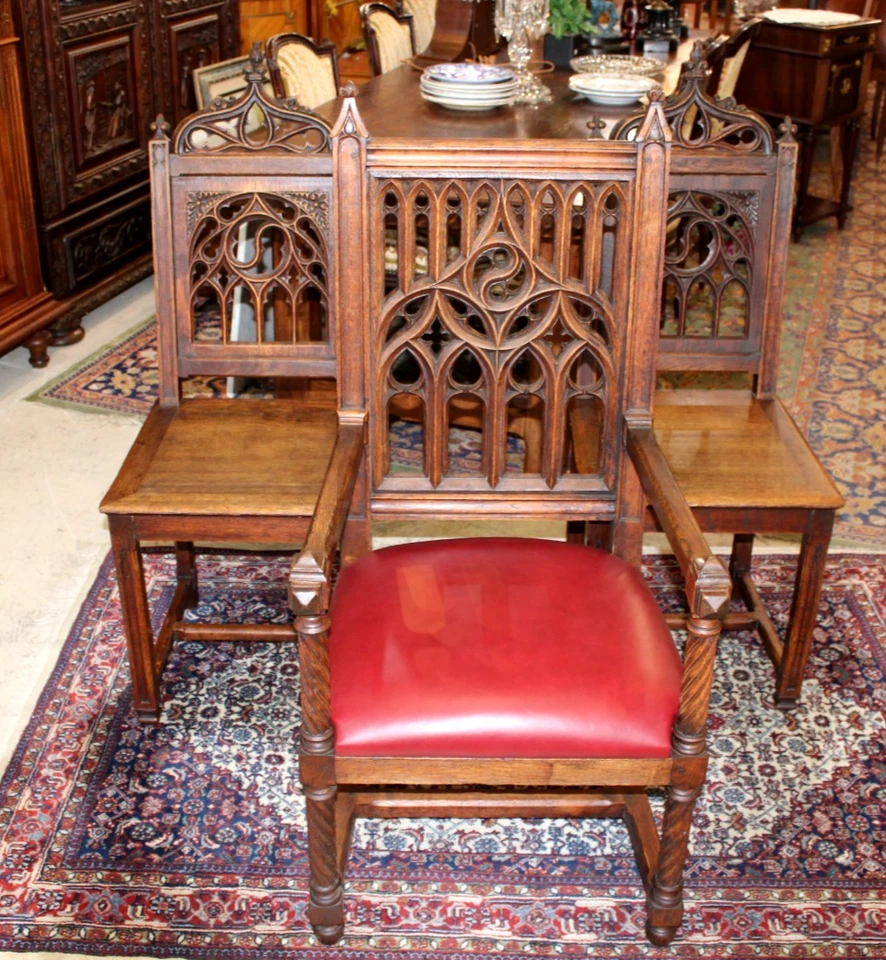 Conjunto de 3 cadeiras/cadeiras de escritório francesas antigas de carvalho gótico e 2 cadeiras - Imagem 3 de 4