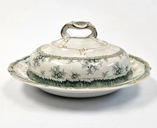 John Maddock & Sons Hamilton Round Covered 3-pc Butter Dish Green Transferware