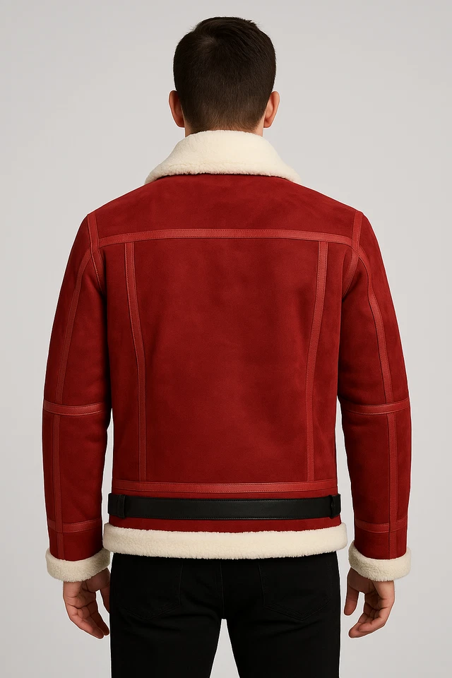 Men’s Red Shearling Leather Jacket | Winter Aviator Coat with White Fur Lining - Image 3 of 4