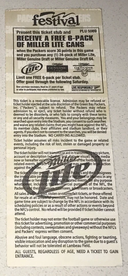 Boleto de Aaron Rodgers TD #19 #20 21 NFL Panther Green Bay Packers 30/11/2008 Foto 2 de 2