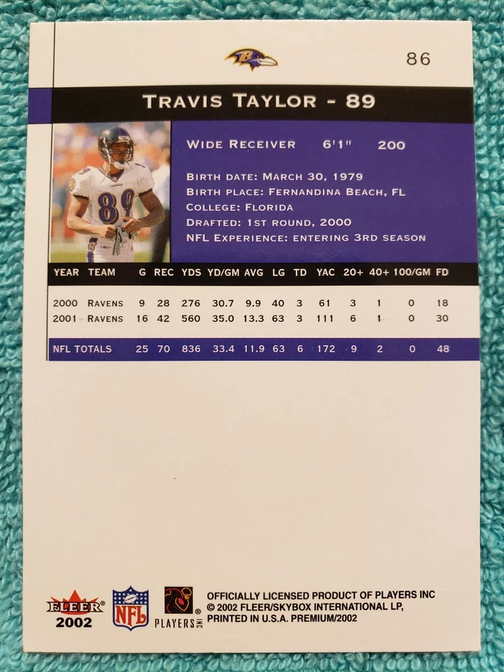 2002 FLEER PREMIUM TRAVIS TAYLOR #86 BALTIMORE RAVENS - Image 4 of 4