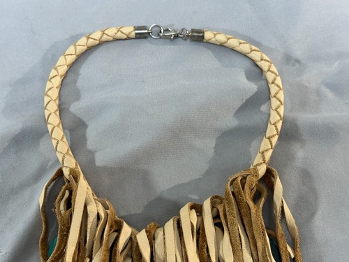 Indian Tribal Necklace Leather Fringe, Green Stones, Silver Metal Feathers - Picture 10 of 15