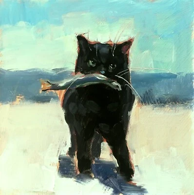 Original Oil Painting Black Cat Fish Funny Animal Pet Art 4x4" Custom Artwork