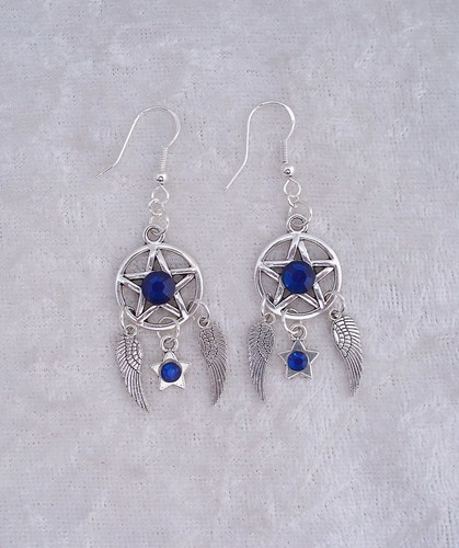 Blue 3D Diamante Pentagram, Double Sided, 925 Silver Hook Earrings .Handmade - Picture 3 of 4