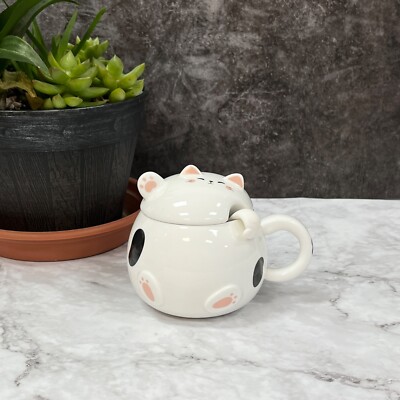 White Cute Cat Mug Ceramic CoffeeTea Milk Cup w/ Kitty Lid,Kawaii Cat Claw Spoon