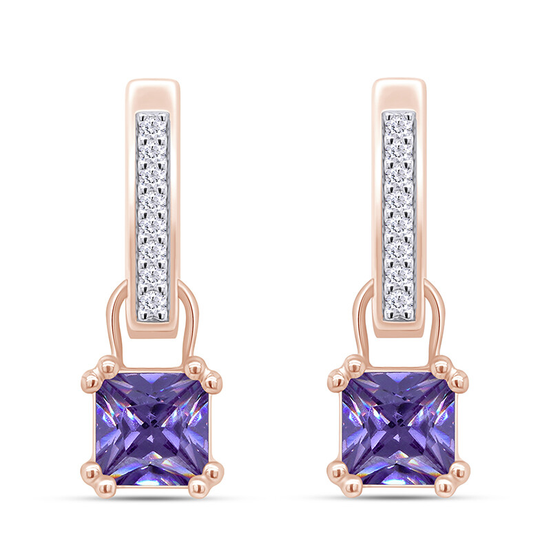 Huggie Hoop Earrings Simulated Amethyst & Cubic Zirconia 925 Sterling Silver