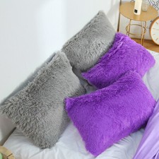 2x Faux Fur Pillowcases Plush Fluffy Pillow Cases Zip Closure Cushion Cover Soft