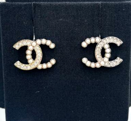 CHANEL genuine 24S silver tone pearl and crystal CC stud earrings in box