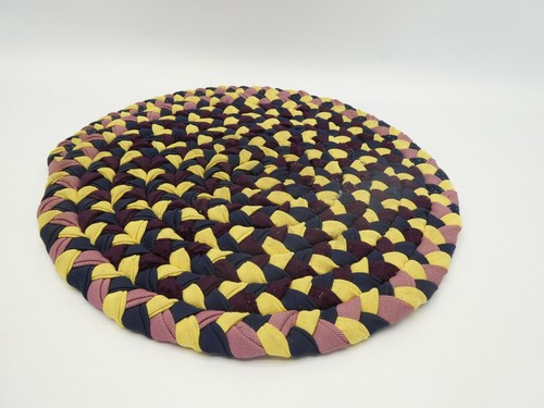 Vintage Used Hand Braided Yellow Blue Purple Pink Cushiony Circular Chair Pad - Picture 3 of 15