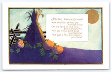 Postcard Joyful Thanksgiving Poem Cornstalks Copper Moon Orange Pumpkins