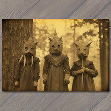 POSTCARD Weird Creepy Vintage Look Vibe Kids Masks Halloween Cult Unusual Family
