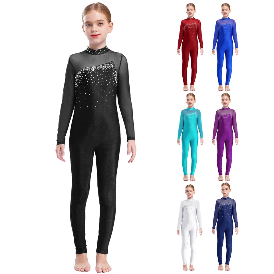 Girls Mock Neck Sparkly Long Sleeve Skating Unitard Catsuit Gymnastics Jumpsuit - Image 3 of 4