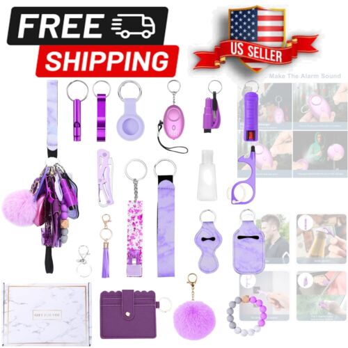 Purple Multi-Functional Safety Keychain with Personal Alarm & Pom Pom Accessory