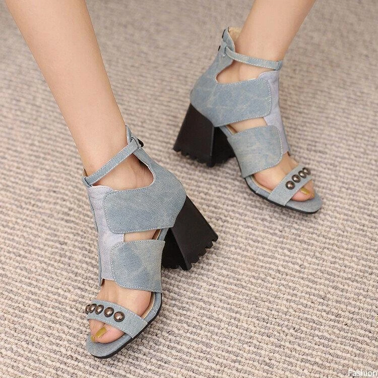 Sandalias de retazos con punta abierta para mujer Tacones en bloque Cremallera trasera Informales Club Fiesta Zapatos Foto 3 de 4