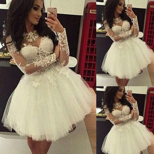 Short Wedding Dresses With Long Sleeve Knee Length Lace Appliques Bridal Gowns - Picture 1 of 9