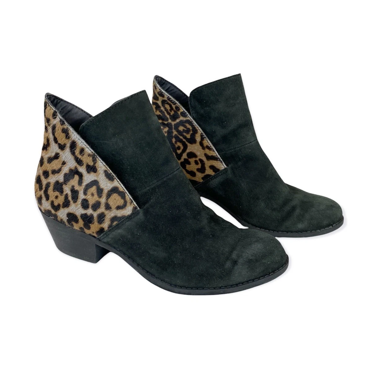 Me Too Zena Black Suede Cheetah Animal Print Slip On Ankle Bootie