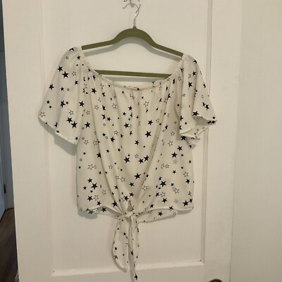 PROMESA WOMENS OFF THE SHOULDER WHITE BLOUSE BLUE STARS PEASANT SIZE LARGE W/TIE