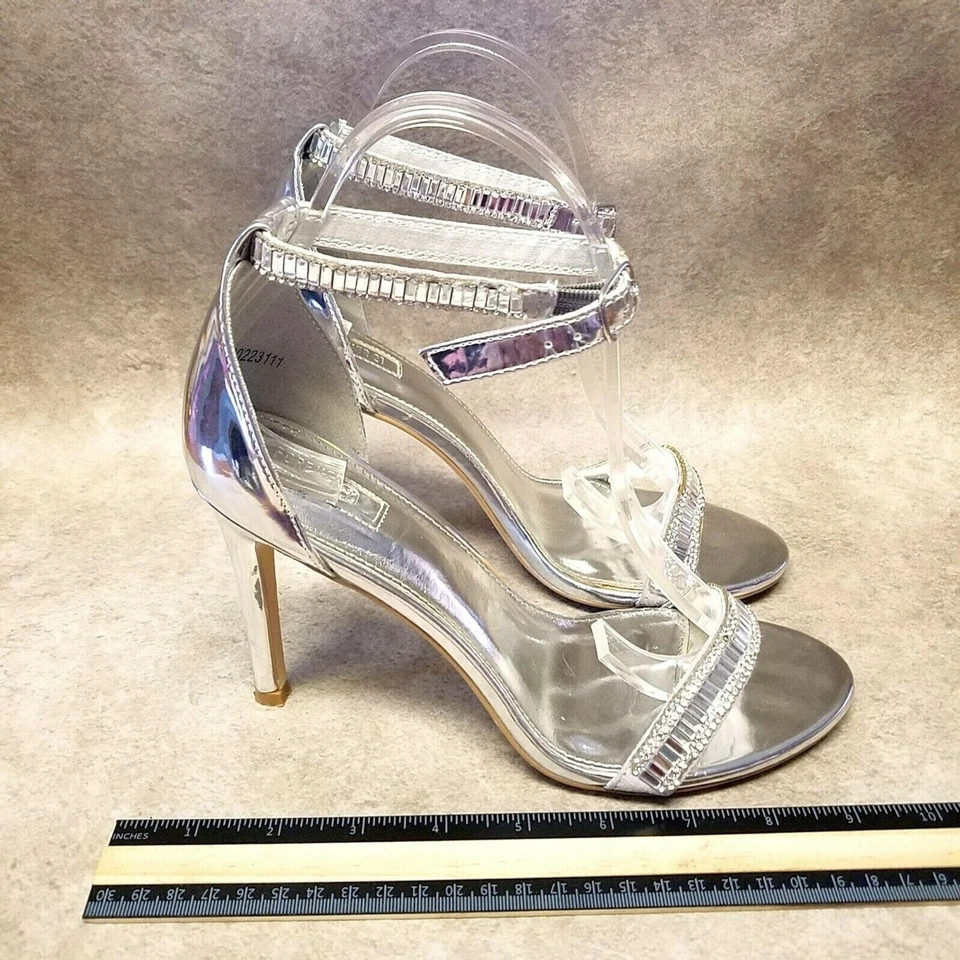 Forever 21 Mujer Talla 8 Plateado Puntera Abierta Tobillo Correa 4" Tacones Foto 4 de 4