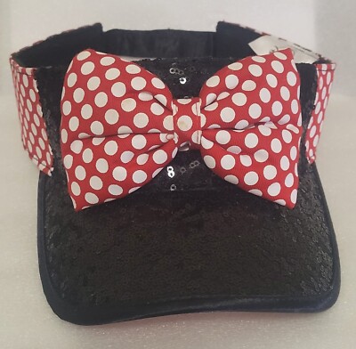 Disney Parks Black Sequins Minnie Mouse Visor Hat with Red Polka