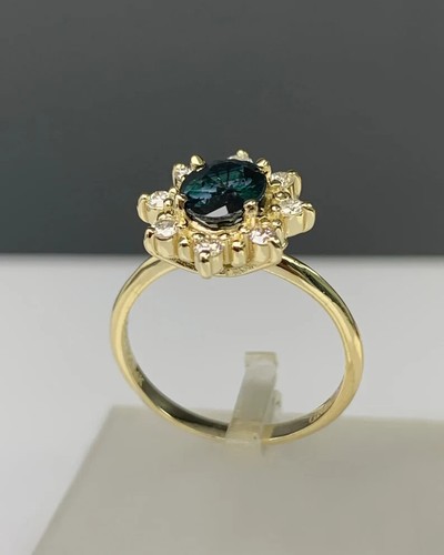 14K Gold Unique Teal Sapphire Classic Engagement Ring Flower Cluster Women ring - Picture 7 of 8