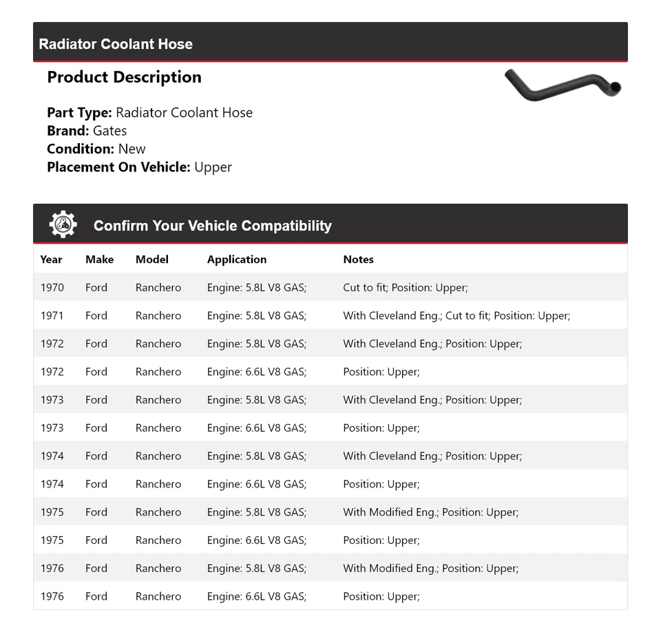 For 1970-1976 Ford Ranchero Radiator Coolant Hose Upper Gates 1971 1972 1973 - Image 2 of 4