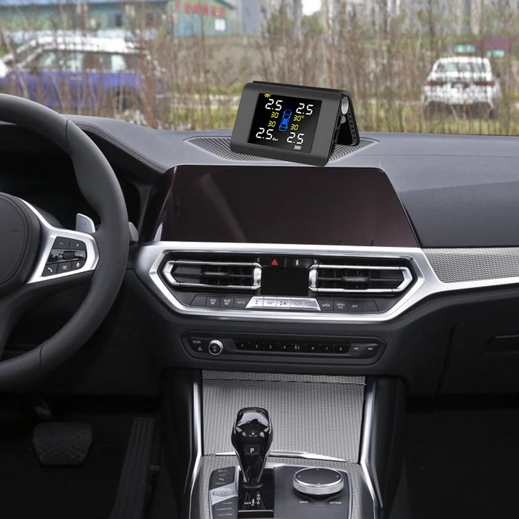 Sistema de monitoreo de presión de neumáticos LCD TPMS solar inalámbrico para automóvil 4 sensores internos Foto 3 de 4