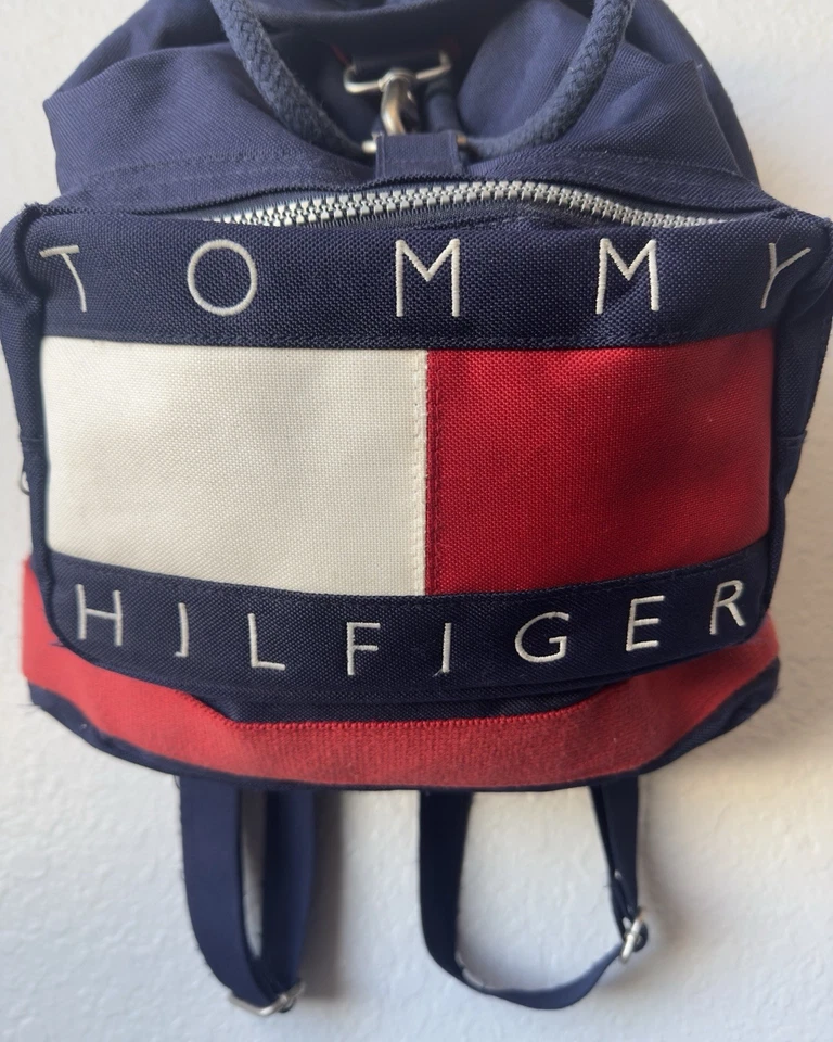 Mochila Bolso para Libros Tommy Hilfiger Vintage Años 90 Envejecido Logo Grande Deletrear Azul Foto 3 de 4